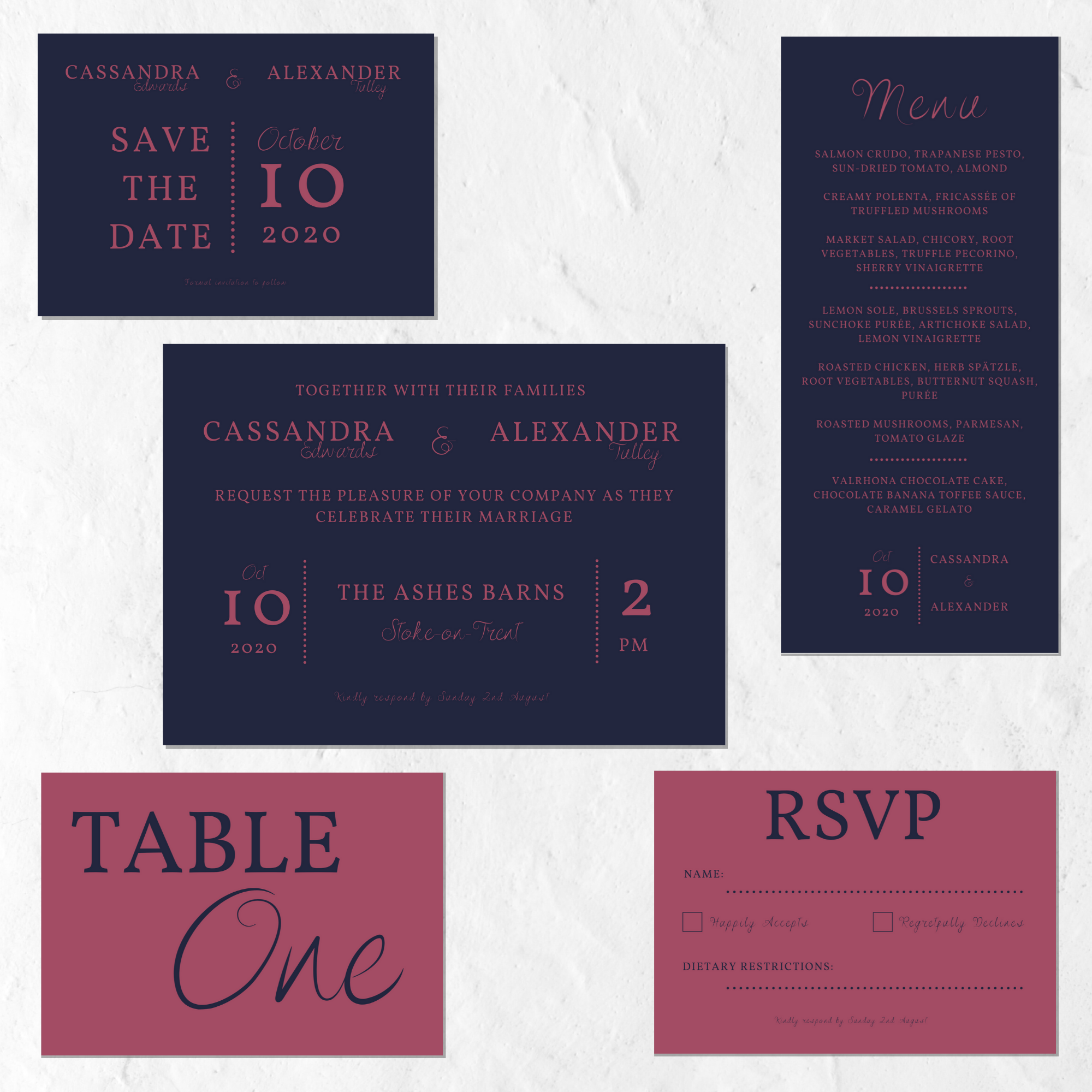 Minimalist wedding invitation set in dark pink and blue