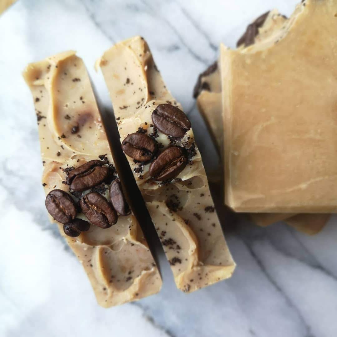 Handmade coffee soap bars topped with coffee beans
